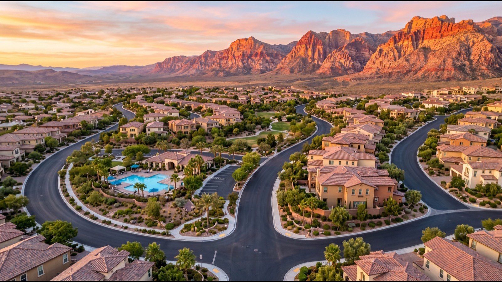 Downtown Summerlin outdoor mall with Red Rock Canyon backdrop and adjacent Summerlin West village rooflines at golden hour
