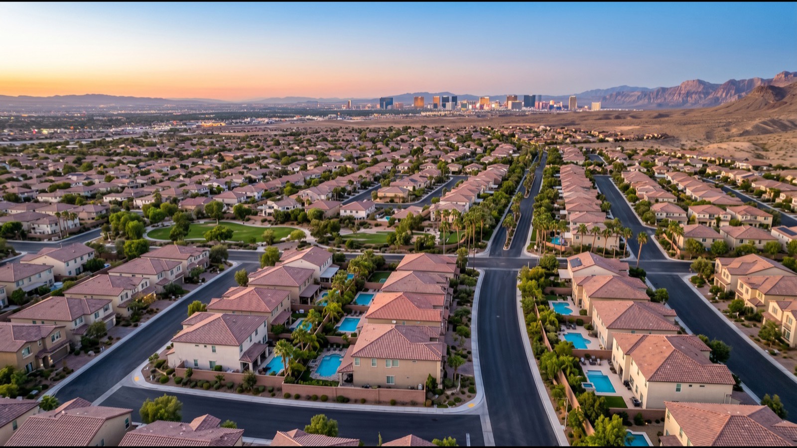 Aerial view of Sky Las Vegas in the broader Las Vegas Strip corridor context showing the tower's positioning between the Sahara Las Vegas Resort to the south and Resorts World to the north